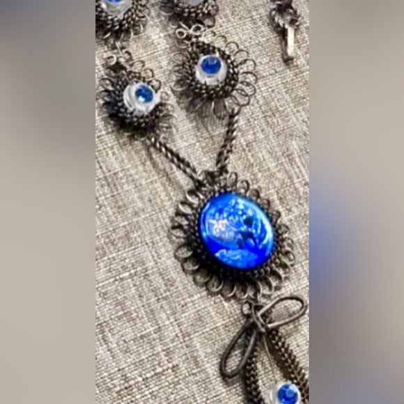 RARE Estate Find! ANTIQUE silver filigree JEWELRY SET PEACOCK SAPPHIRE BLUE - Picture 3 of 7